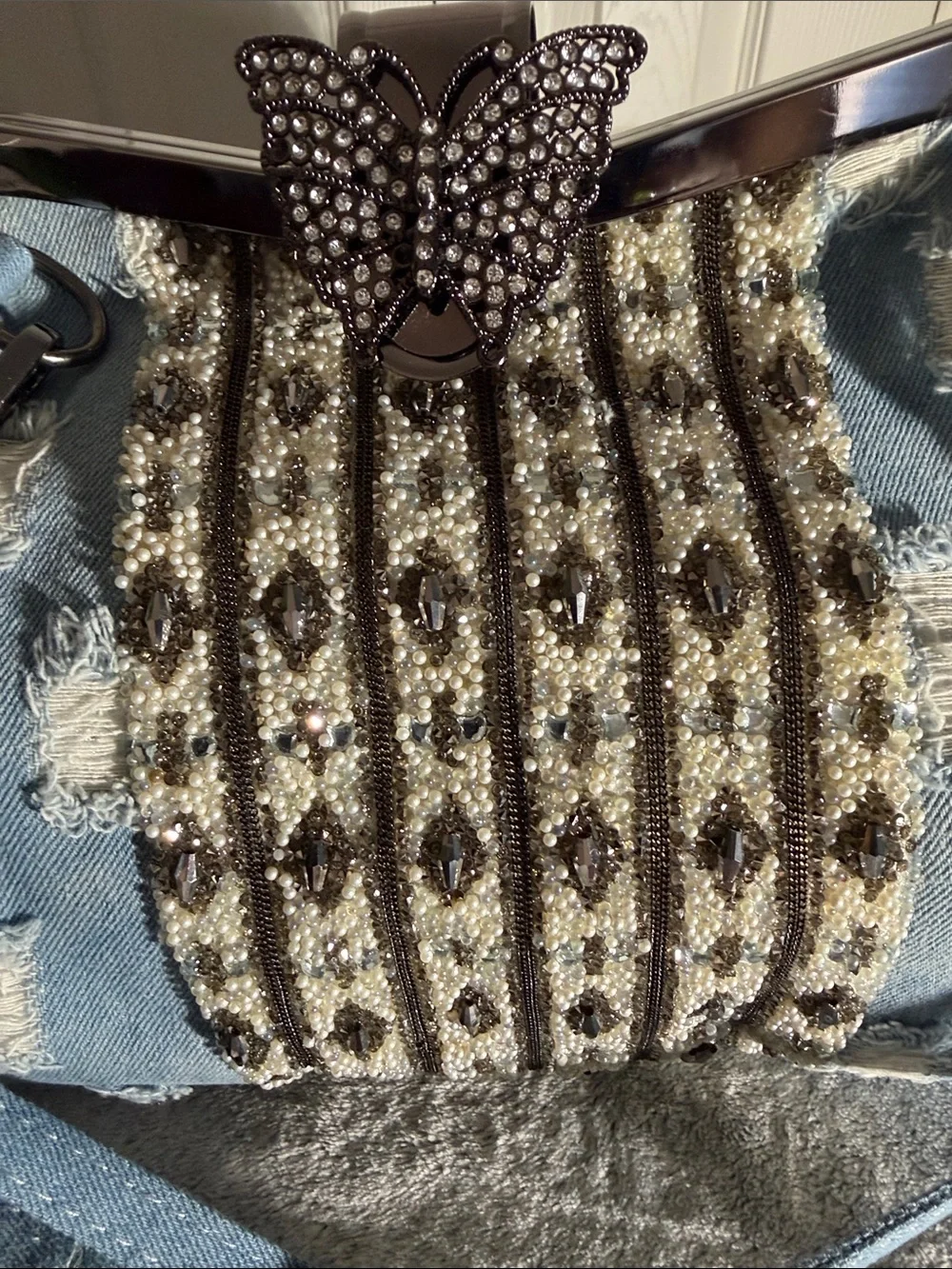 Unique Denim Blue Distressed Shoulder Bag with Embroidered Embellished Panel